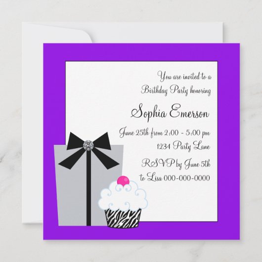 Purple Zebra Cake Cupcake Invitation de fête d'ann (Dos)