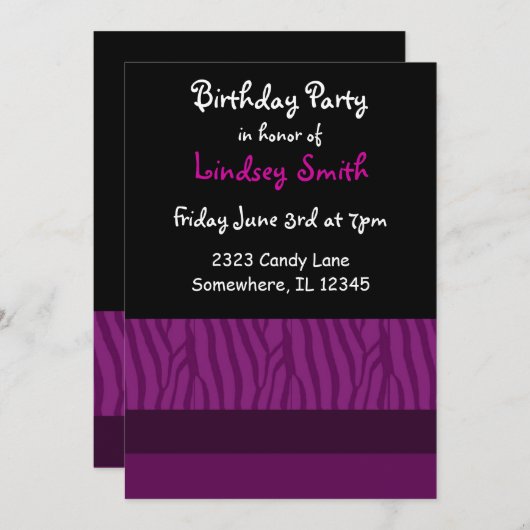 Purple Zebra Imprimer Invitation Anniversaire (Devant / Derrière)
