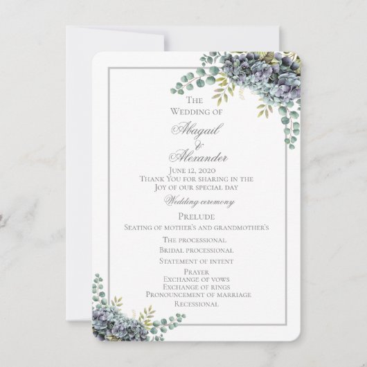 Purplish Hydrangeas Eucalyptus Wedding Program Car (Voorkant)