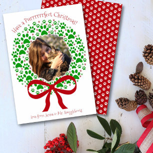 Purrfecte Kerstpret Fun Paw Print Krans Foto Feestdagenkaart