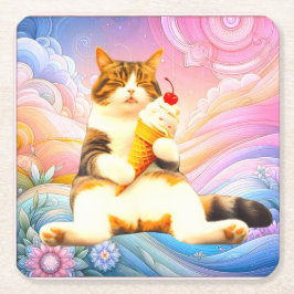 Purrfectly Asleep – Cat Holding Ice Cream Cone Vierkante Kartonnen Onderzetter