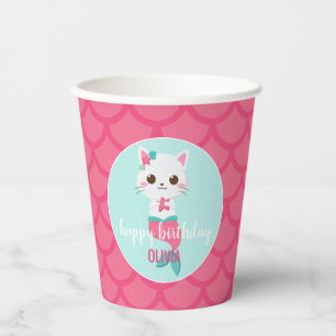 Purrmaid Kitty Zeemeermin Roze Schubben verjaardag Papieren Bekers