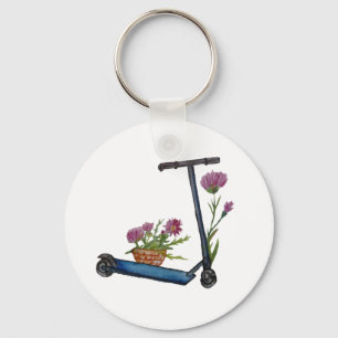Push Scooter & Flowers Waterverf Button Key Ring Sleutelhanger