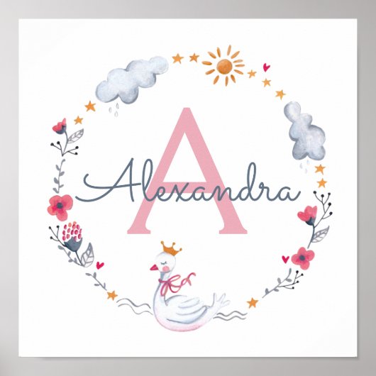 Putroze zwaan en zonnebloem met monogram w poster (Voorkant)