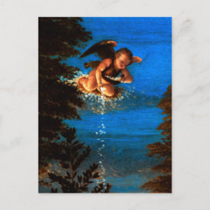Putto in blauwe lucht giet een cascade van witte b briefkaart