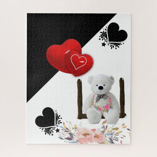 Puzles Floral White Teddy Bear Red Hearts Legpuzzel (Verticaal)