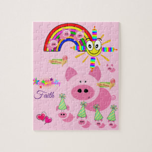 Puzles Happy Birthday Roze Varkens Regenboog Legpuzzel