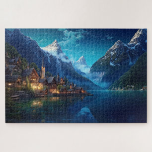 Puzzel met charmant dorpje in Alpen, Europa.