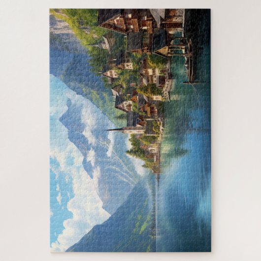 Puzzel met charmant dorpje in Alpen, Europa. Legpuzzel (Verticaal)