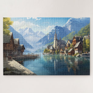 Puzzel met charmant dorpje in Alpen, Europa. Legpuzzel