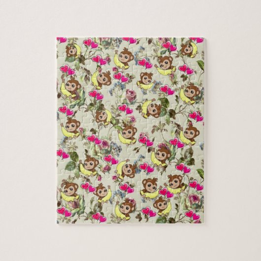 Puzzels Floral Monkeys Bananas roze harten (Verticaal)