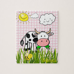 Puzzels Koe Zonnebloem Wolken Roze Geruit