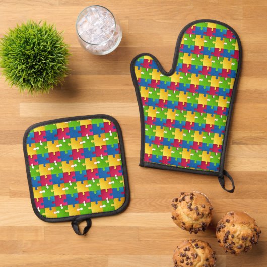 Puzzelstukken Ontwerp Oven Mitt & Pot Houder Set (Top down)