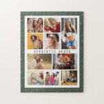 Puzzle 10 Photo Étoiles modernes Stylish Nom vert<br><div class="desc">10 Photo Modern Stylish Green Name Jigsaw Puzzle présente dix de vos photos préférées pour un do-it-yourself facile et rapide ajouter votre propre collage photo. Personnalisez avec votre nom et entouré d'un simple motif étoilé sur un arrière - plan vert. Fait un cadeau parfait pour Noël, anniversaires, fête des mères,...</div>