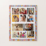 Puzzle 10 Photo Moderne Trendy Hippie Floral Nom élégant<br><div class="desc">10 Photo Modern Trendy Hippie Floral Stylish Name Jigsaw Puzzle présente dix de vos photos préférées pour un do-it-yourself facile et rapide ajouter votre propre collage photo. Personnalisez avec votre nom et entouré d'un motif floral hippie rétro coloré. Fait un cadeau parfait pour Noël, anniversaires, fête des mères, soeurs, meilleurs...</div>