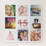Puzzle 15th birthday photo collage girl white<br><div class="desc">A gift for a girl's 15th birthday,  celebrating her life with a collage of 8 of your photos.  Templates for a name,  age 15 and a date.  Date of birth or the date of the anniversary.  Coral and burgundy colored letters.  White background.</div>