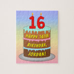 Puzzle 16e anniversaire : Fun Cake and Candles   Nom pers<br><div class="desc">Ce dessin de puzzle d'anniversaire coloré et joyeux présente une représentation de dessin animé d'un gâteau d'anniversaire à trois niveaux avec des bougies en forme de chiffre sur le dessus montrant l'âge "16", avec le message "HAPPY 16TH BIRTHDAY", et un nom de destinataire modifiable. L'arrière - plan a un motif...</div>