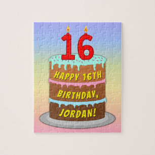 Puzzle 16th Birthday: Fun Cake and Candles + Custom Name