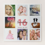 Puzzle 16th birthday photo collage white girl<br><div class="desc">A gift for a girl's 16th birthday,  celebrating her life with a collage of 8 of your photos.  Templates for a name,  age 16 and a date.  Date of birth or the date of the anniversary.  Coral and burgundy colored letters.  White background.</div>