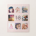 Puzzle 18th birthday custom photo rose gold blush pink<br><div class="desc">A unique 18th birthday gift or keepsake, celebrating her life with a collage of 8 of your photos. Add images of her family, friends, pets, hobbies or dream travel destination. Personalize and add a name, age 18 and a date. Gray and dark rose gold colored letters. Elegant and trendy blush...</div>
