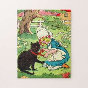 Puzzle 1905 petite fille met l'arc sur son chat noir
