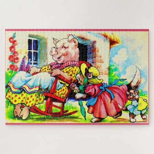 Puzzle 1930s mama kitty and baby kitty visit pig (Horizontal)