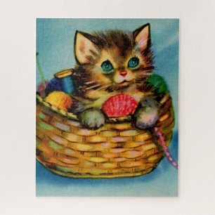 Puzzle 1940s adorable kitten in knitting basket