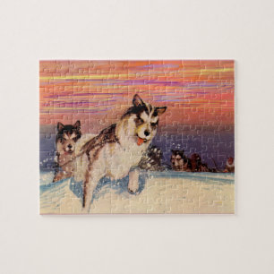 Puzzle 1940s Siberian husky sled dogs doing their thing