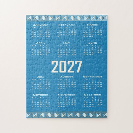 Puzzle 2027 Calendar, Greek Fret, Cosmic Latte on Blue (Vertical)