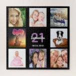Puzzle 21st birthday 21 photo collage girl black<br><div class="desc">A gift for a girl's young woman's  21st birthday,  celebrating her life with a collage of 8 of your photos.  Templates for a name,  age 21 and a date.  Date of birth or the date of the anniversary.  Purple and white colored letters. Chic black background color.</div>