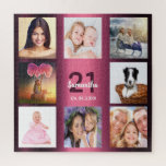 Puzzle 21st birthday 21 photo collage girl woman purple<br><div class="desc">A gift for a girl's , young woman's 21st birthday, celebrating her life with a collage of 8 of your photos. Templates for a name, age 21 and a date. Date of birth or the date of the anniversary. Dark purple and white colored letters. Girly and feminine purple gradient background...</div>