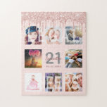 Puzzle 21st birthday glitter drips photo rose gold pink<br><div class="desc">A glamorous and unique 21st birthday gift or keepsake, celebrating her life with a collage of 8 of your photos. Personalize and add a name, age 21 and a date. Gray and dark rose gold colored letters. Elegant and trendy blush pink background color. Decorated with rose gold colored faux glitter...</div>