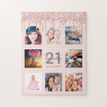 Puzzle 21st birthday rose gold pink glitter drips photo<br><div class="desc">A glamorous and unique 21st birthday gift or keepsake, celebrating her life with a collage of 8 of your photos. Personalize and add a name, age 21 and a date. Gray and dark rose gold colored letters. Elegant and trendy blush pink background color. Decorated with rose gold colored faux glitter...</div>