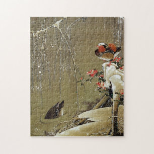 Puzzle 3. 雪中鴛鴦図, canard de mandarine de 若冲 dans la neige,