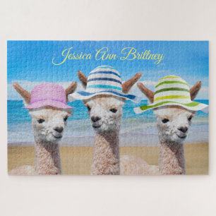 Puzzle 3 Alpacas Sur La Plage En Casquettes Solaires, do-