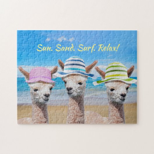 Puzzle 3 Alpacas Sur La Plage En Casquettes Solaires, Mes (Horizontal)