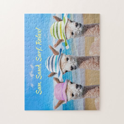Puzzle 3 Alpacas Sur La Plage En Casquettes Solaires, Mes (Vertical)