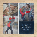 Puzzle 3 Collage photo et monogramme personnalisé | Marin<br><div class="desc">Créez un cadeau personnalisé spécial à l'aide de photos de votre mariage, voyage, petits-enfants, animaux de compagnie ou autres souvenirs amusants imprimés sur un puzzle. Ce design comprend un modèle photo collage avec 3 photos et votre nom monogramme, date initiale et date établie. Utilisez les outils de conception pour modifier...</div>