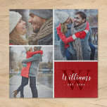 Puzzle 3 Collage photo et monogramme personnalisé | Rouge<br><div class="desc">Créez un cadeau personnalisé spécial à l'aide de photos de votre mariage, voyage, petits-enfants, animaux de compagnie ou autres souvenirs amusants imprimés sur un puzzle. Ce design comprend un modèle photo collage avec 3 photos et votre nom monogramme, date initiale et date établie. Utilisez les outils de conception pour modifier...</div>