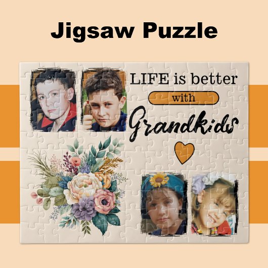 Puzzle 4 petits-enfants photo floral orange