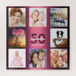 Puzzle 50e anniversaire bourgogne photo collage femme<br><div class="desc">Un cadeau pour le 50e anniversaire d'une femme,  célébrant sa vie avec un collage de 8 de vos photos. Modèles pour un nom,  50 ans et une date. Date de naissance ou date d'anniversaire. Lettres violettes foncées et blanches. Couleur arrière - plan de dégradé bordeaux féminin et féminin.</div>
