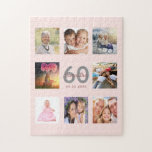 Puzzle 60th birthday custom photo rose gold blush pink<br><div class="desc">A unique 60th birthday gift or keepsake, celebrating her life with a collage of 8 of your photos. Add images of her family, friends, pets, hobbies or dream travel destination. Personalize and add a name, age 60 and a date. Gray and dark rose gold colored letters. Elegant and trendy blush...</div>