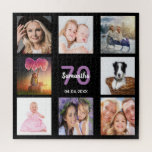 Puzzle 70e anniversaire 70 photo collage noir femme<br><div class="desc">Un cadeau pour le 70e anniversaire d'une femme,  célébrant sa vie avec un collage de 8 de vos photos. Modèles pour un nom,  70 ans et une date. Date de naissance ou date d'anniversaire. Lettres violettes et blanches. Couleur arrière - plan noire chic.</div>