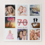 Puzzle 70e anniversaire photo collage femme blanc<br><div class="desc">Un cadeau pour le 70e anniversaire d'une femme,  célébrant sa vie avec un collage de 8 de vos photos. Modèles pour un nom,  70 ans et une date. Date de naissance ou date d'anniversaire. Corail et lettres bordeaux. Fond blanc.</div>