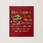 Puzzle 70th Birthday Party Dons. Que se passe-t-il sur mo<br><div class="desc">70th Birthday Party Dons. Ce qui se passe à mon 70e anniversaire reste secret, au moins jusqu'à ce que nous nous en remettions ! Humour d'anniversaire amusant. Tags : "Bonne fête du 70e anniversaire", "plaisanteries amusantes du 70e anniversaire", "Soirée du 70e anniversaire de la margarita", "bleu vert violet clair", "mignon...</div>