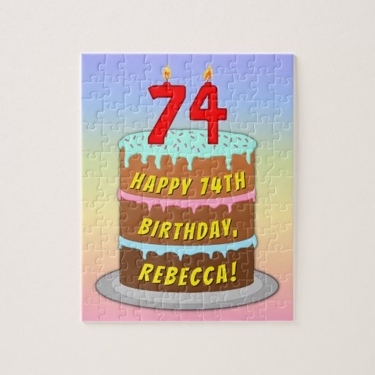 Puzzle 74e anniversaire : Fun Cake and Candles + Nom pers (Vertical)