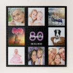 Puzzle 80e anniversaire 80 photo collage noir femme<br><div class="desc">Un cadeau pour le 80e anniversaire d'une femme,  célébrant sa vie avec un collage de 8 de vos photos. Modèles pour un nom,  âge 80 et une date. Date de naissance ou date d'anniversaire. Lettres violettes et blanches. Couleur arrière - plan noire chic.</div>