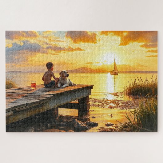 Puzzle A boy and his dog at the lake at sunset (Horizontal)