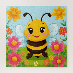 Puzzle Abeille de dessin animé joyeuse entourée de fleurs
