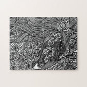 Puzzle Abstract Horse face Flowers Original ink Art (Horizontal)